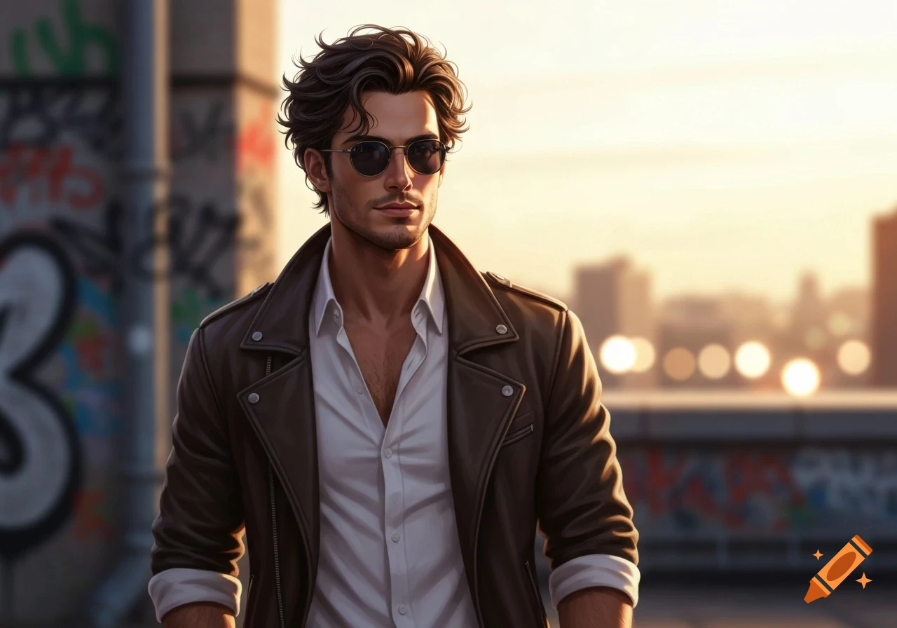A stylized illustration of a man with dark wavy hair and sunglasses in a brown leather jacket and white shirt, standing against a blurred urban sunset background.