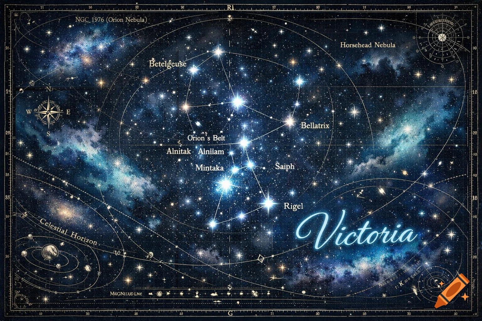 A detailed vintage-style astronomy chart featuring the Orion constellation, nebulae, and various stars, with 'Victoria' in glowing blue script.