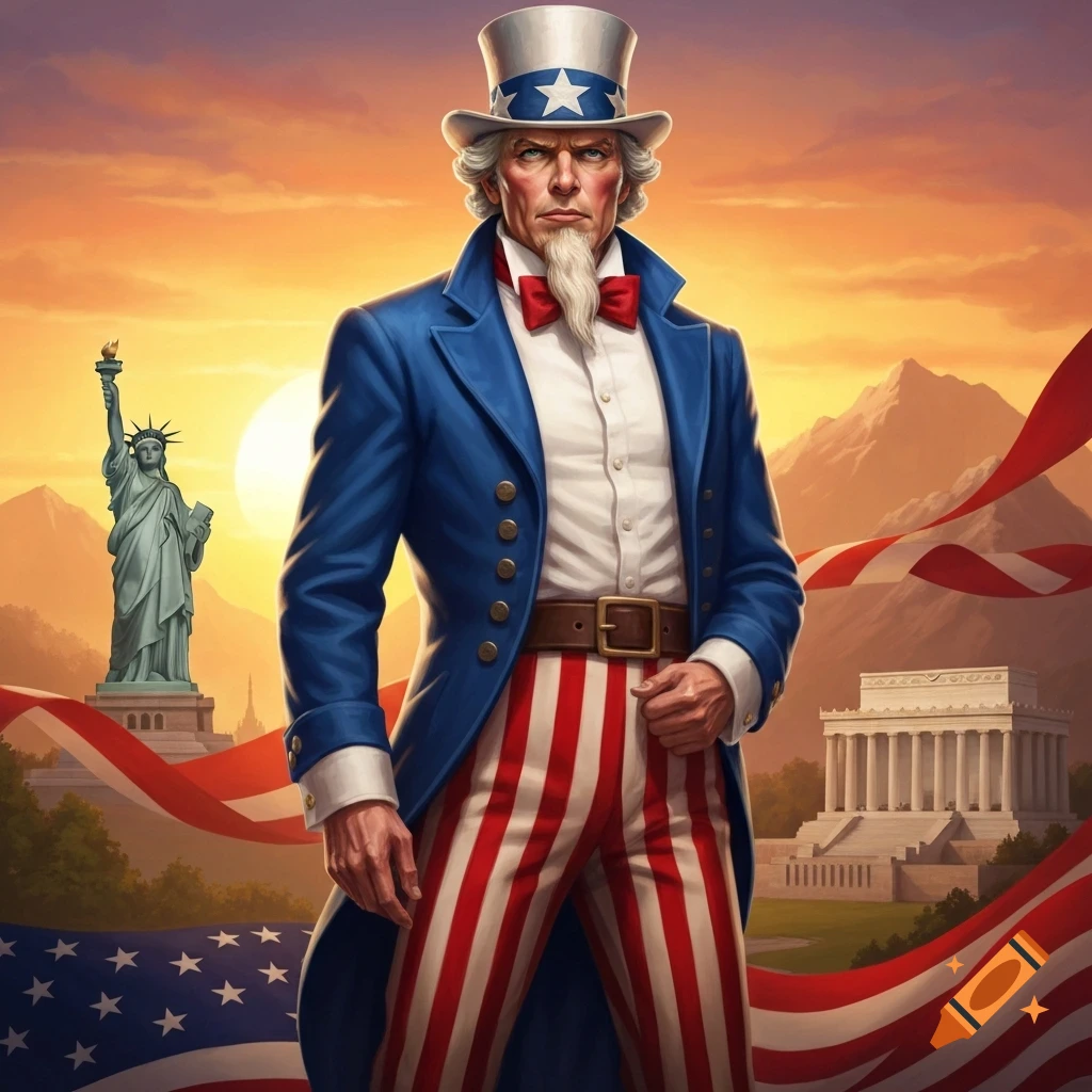 Uncle Sam in a patriotic scene with the Statue of Liberty, Lincoln Memorial, and American flags at sunset.
