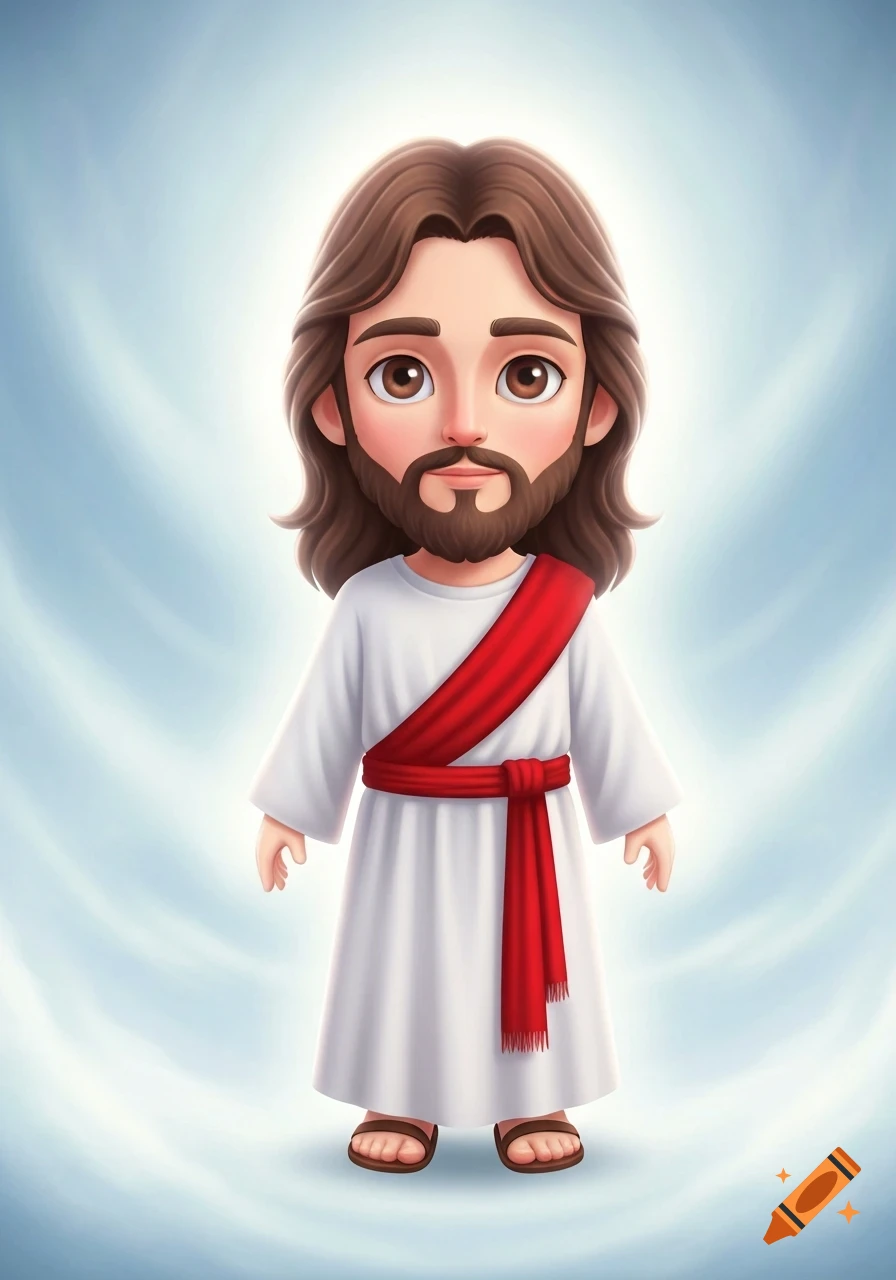 Cartoon chibi Jesus with brown hair and beard, wearing a white robe, red sash, and sandals, standing against a glowing blue background.