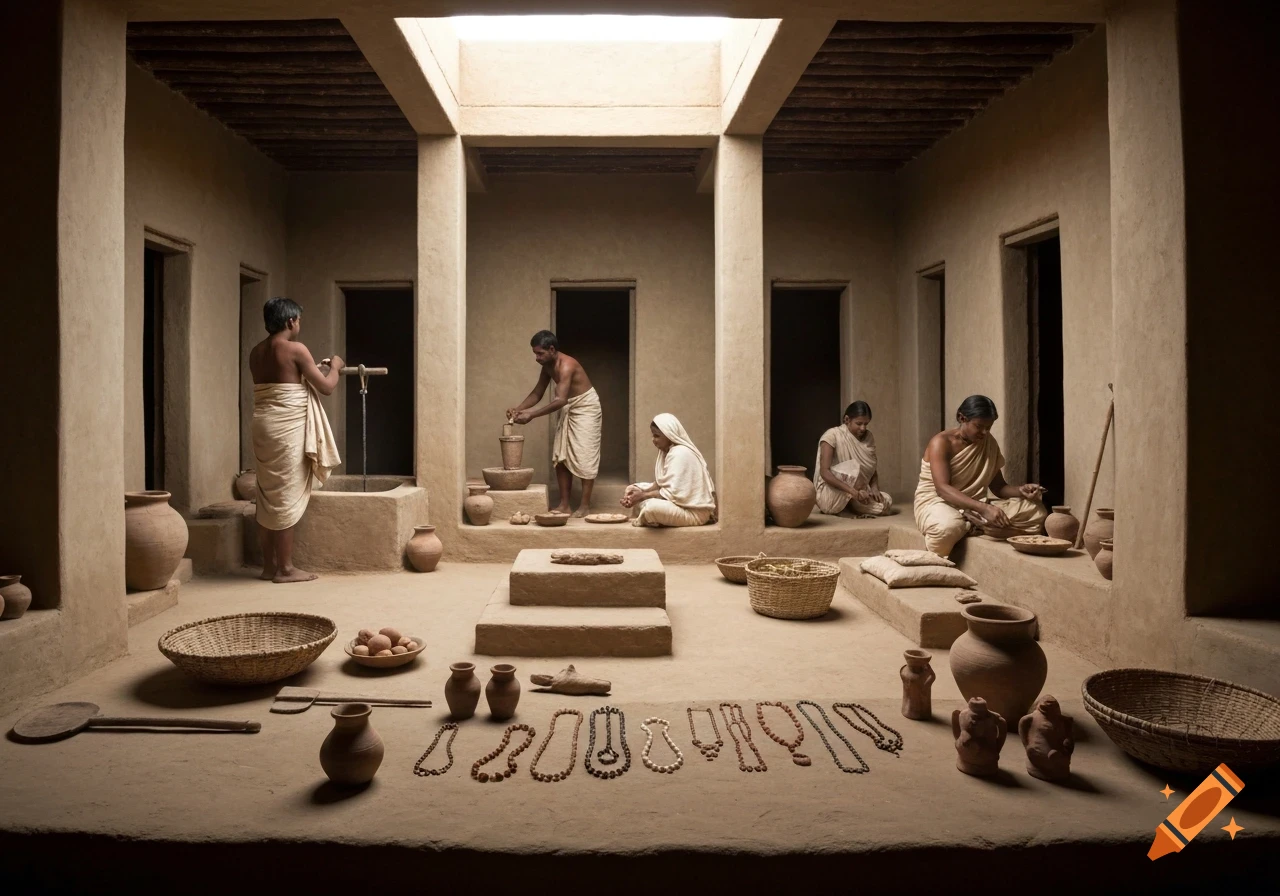 A photorealistic depiction of daily life in an ancient Indus Valley Civilization home with people drawing water, preparing food, and arranging pottery and jewelry in a courtyard.