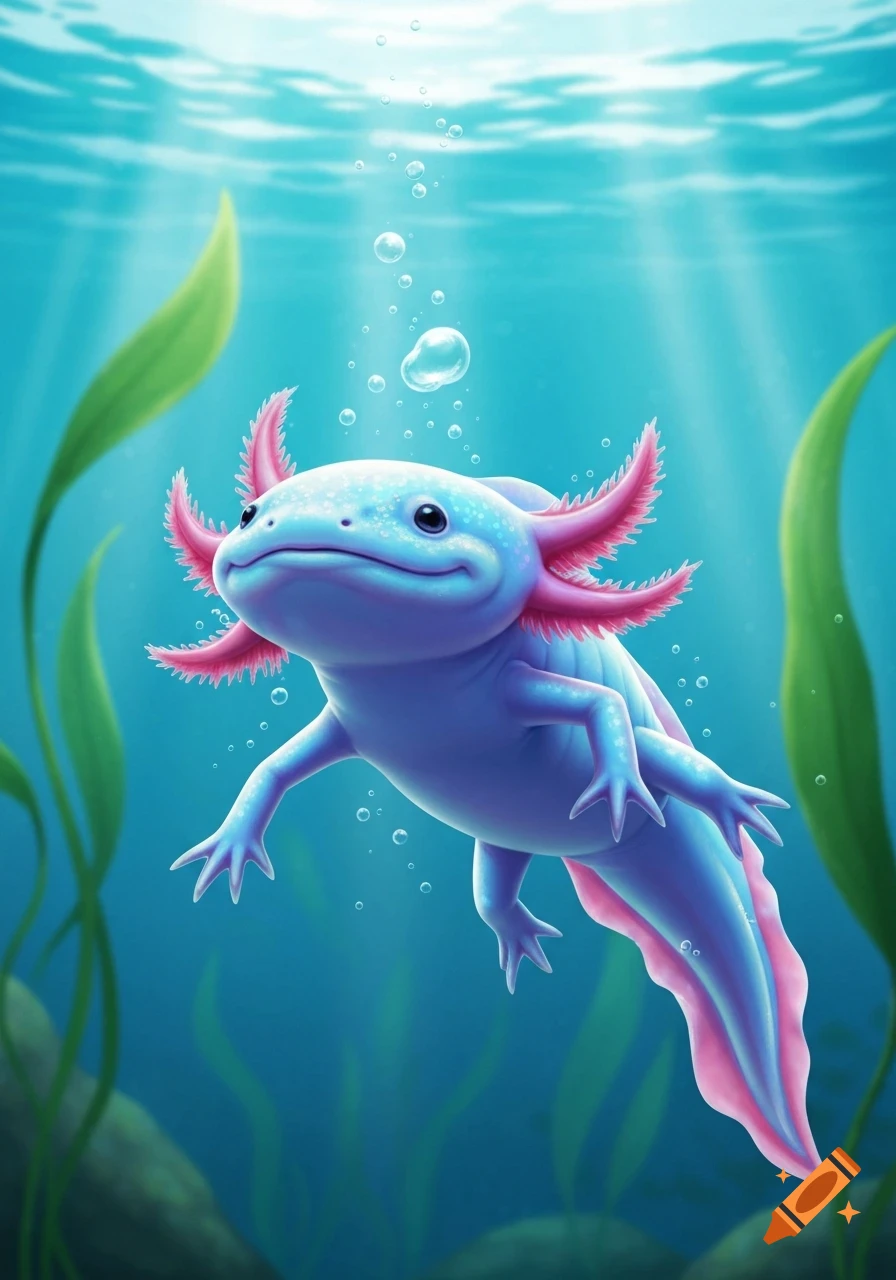 A cute, stylized blue and pink axolotl swims underwater among green plants and air bubbles, with sunlight streaming from above.