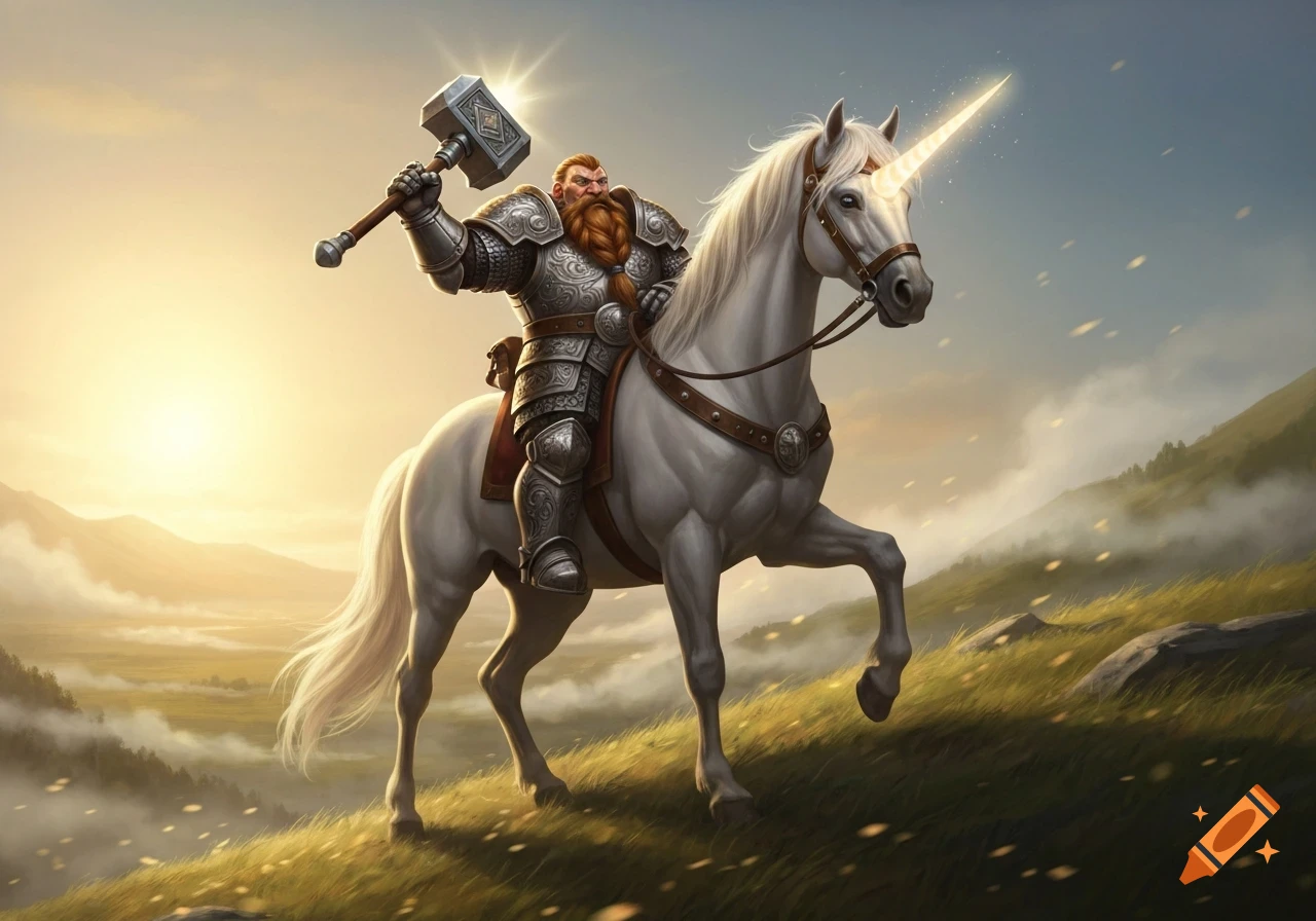 A powerful dwarf paladin in gleaming armor rides a white unicorn up a grassy hill, holding a glowing hammer.