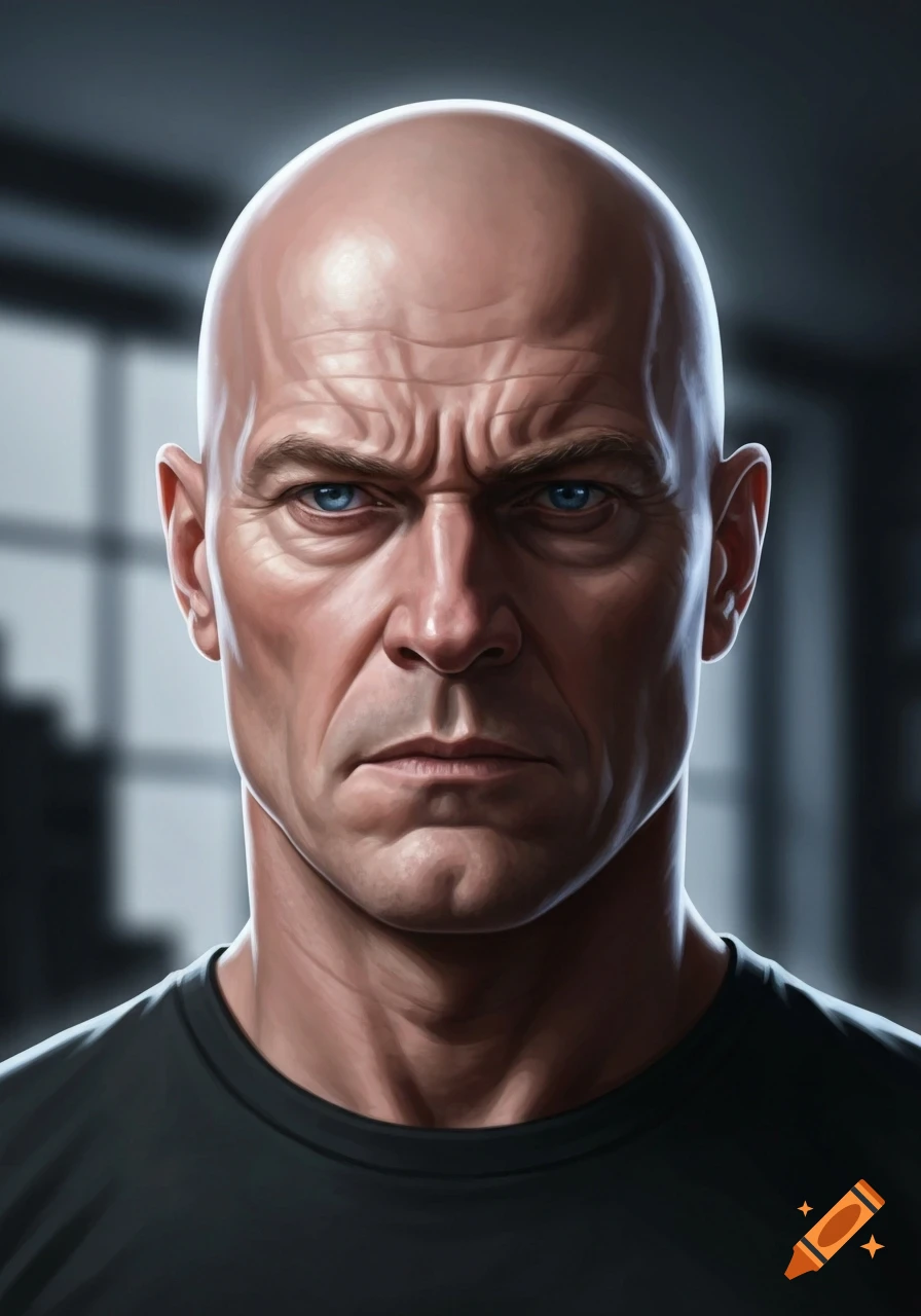 A photorealistic portrait of a bald man with blue eyes and a stern expression, looking directly forward.