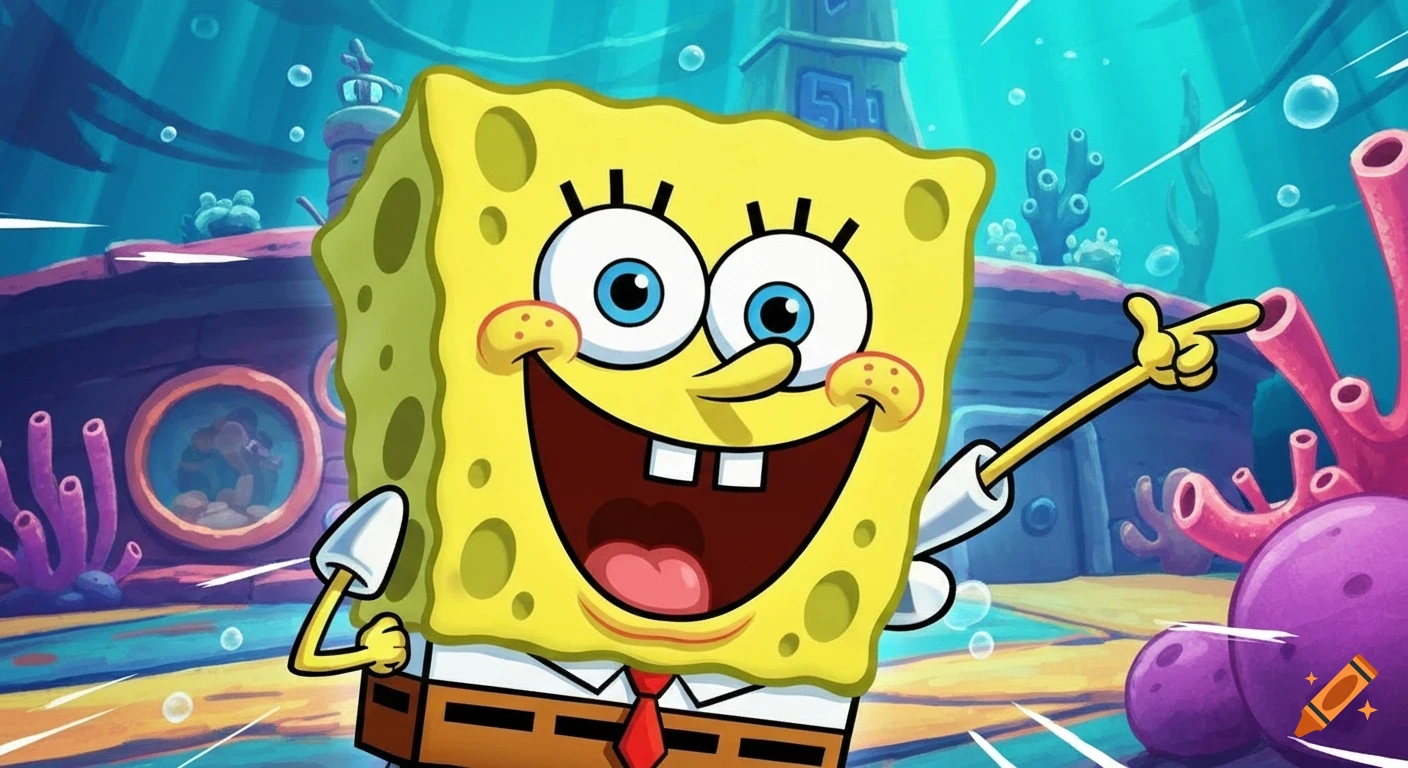 A happy Spongebob Squarepants smiles and points right in a vibrant underwater cartoon animation with coral and bubbles.