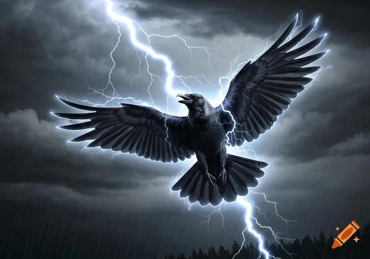 A dramatic image of a black crow with outstretched wings, surrounded by bright lightning bolts against a dark, stormy sky with rain.