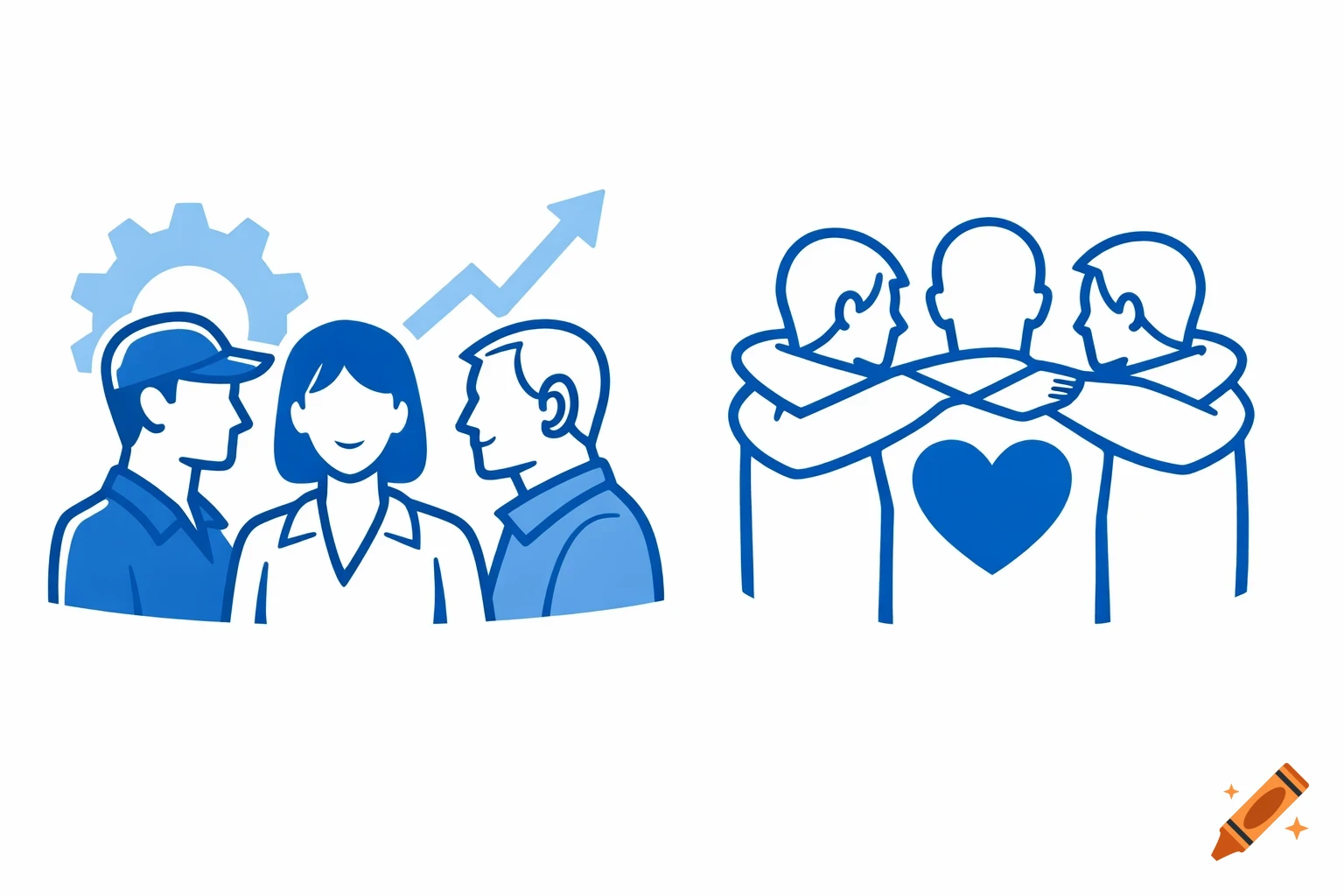 Stylized blue and white illustration of workers with a gear and arrow, and a group embracing with a heart, symbolizing teamwork and performance.