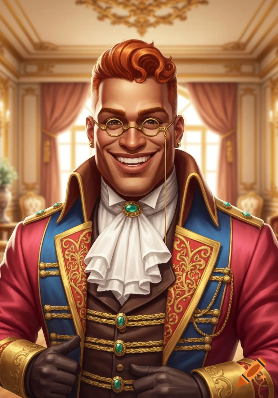 A smiling man with ginger curls and a monocle wears a red, blue, and gold embellished jacket in an ornate room.