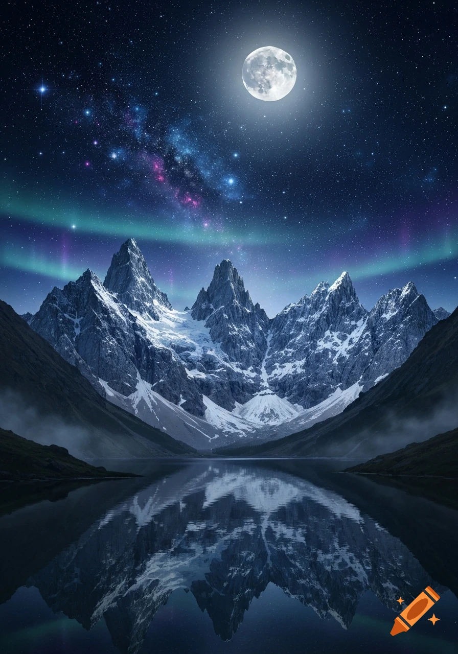 Photorealistic night landscape with snow-capped mountains reflected in a calm lake under a full moon, starry sky, and aurora borealis.