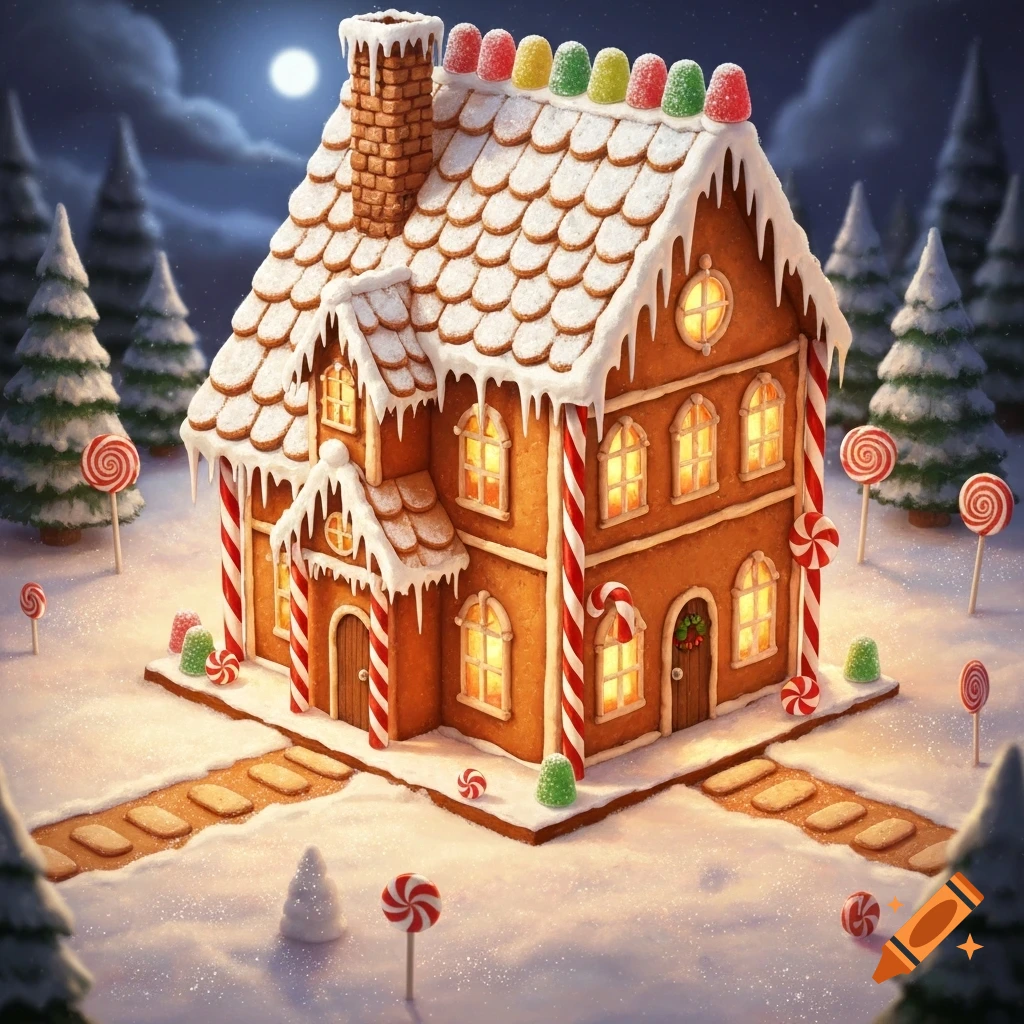 A detailed gingerbread house adorned with white icing, candy canes, and colorful gumdrops in a snowy winter forest under a full moon.