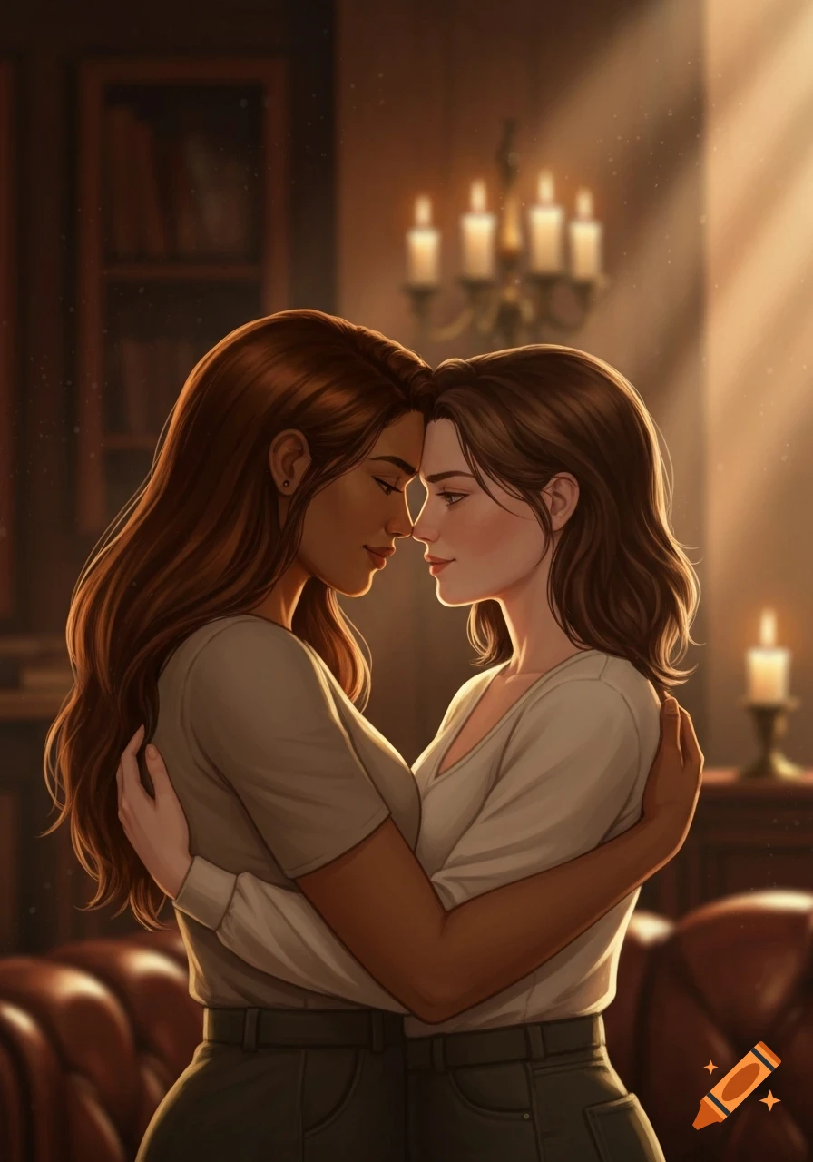 Digital illustration of two women embracing, foreheads touching, in a warmly lit room with candles and a bookshelf.