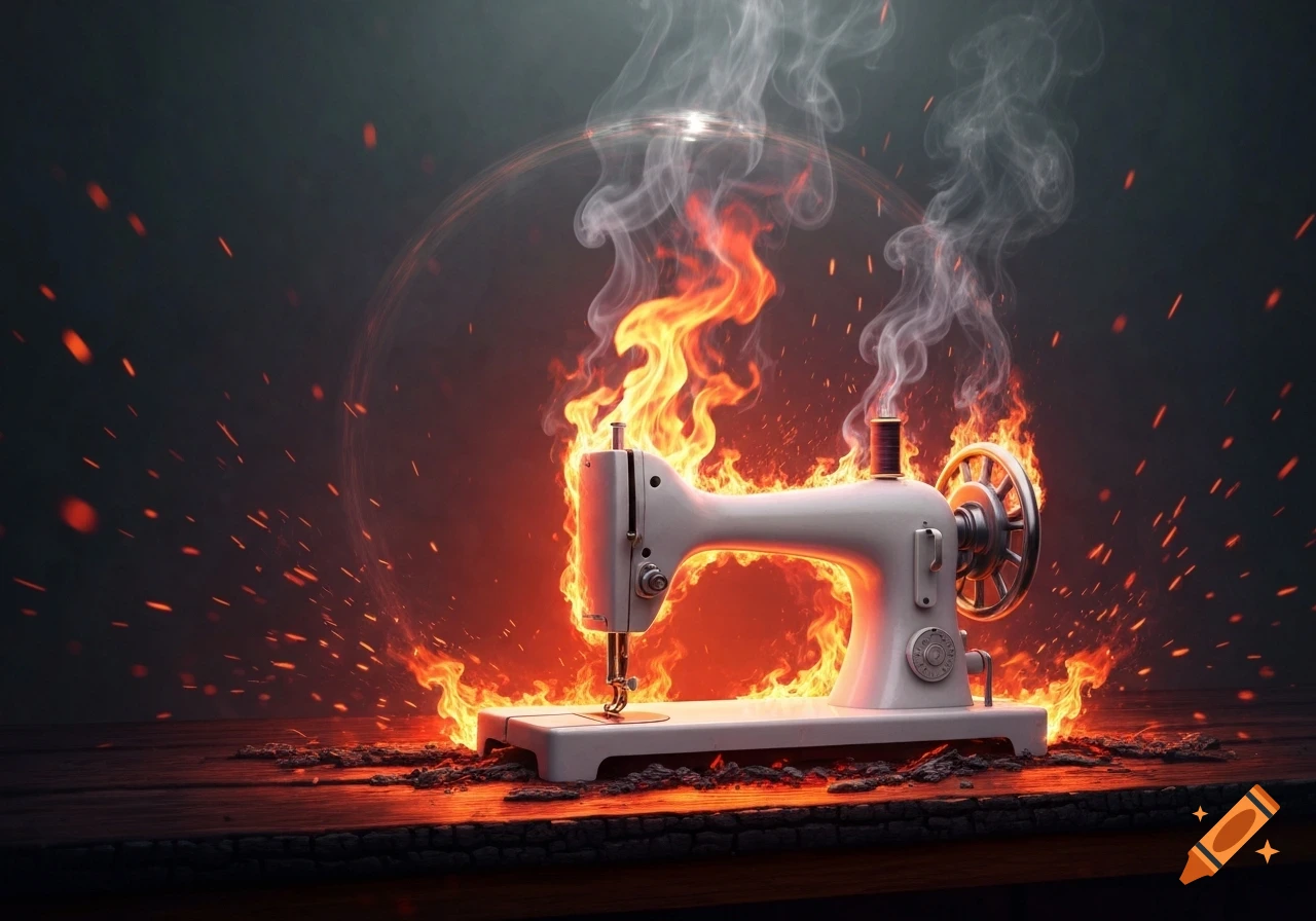 A white sewing machine is engulfed in vibrant orange flames and white smoke, resting on a charred wooden surface with embers flying.