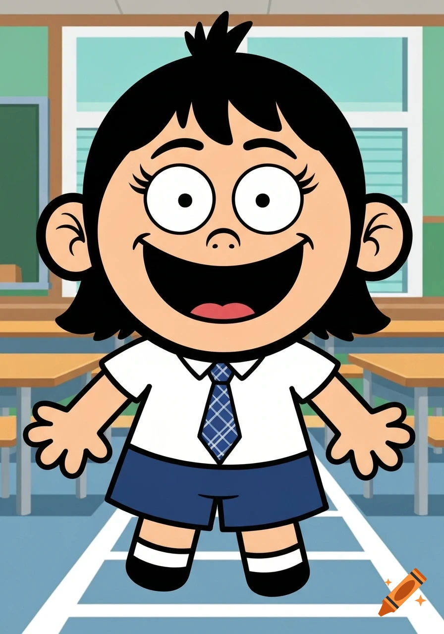 A cartoon child with black hair and exaggerated features wearing a white shirt, blue tie, and shorts, standing in a classroom.