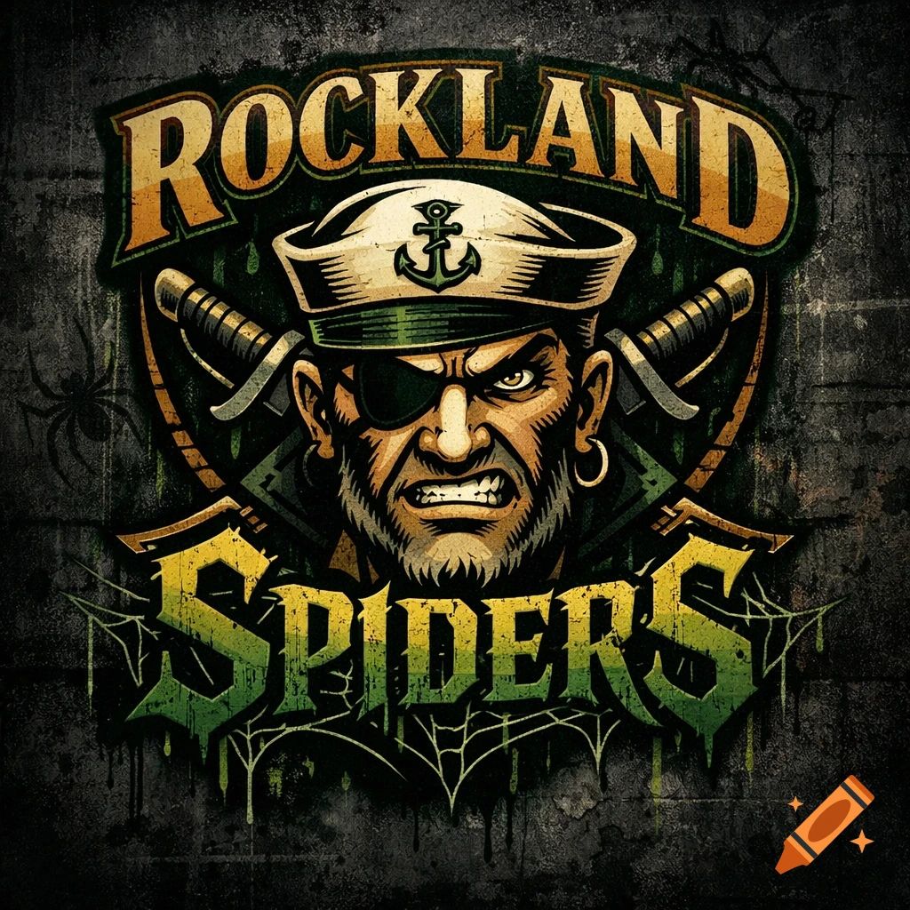 Grunge logo of an angry, bearded pirate with an eyepatch and sailor's hat, crossed swords, spiders, and 'ROCKLAND SPIDERS' text.