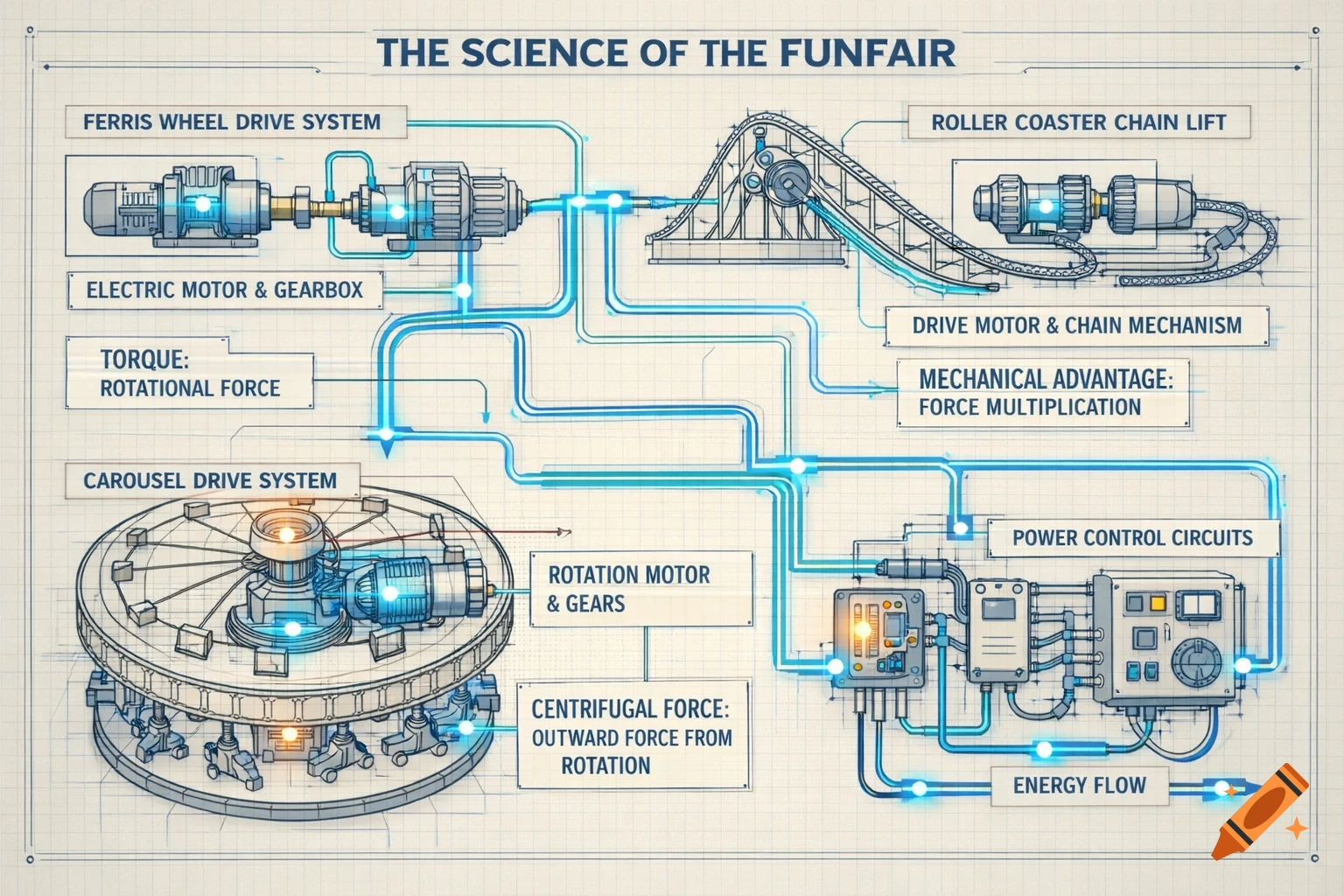 Blueprint diagram showing the science of funfair rides, detailing Ferris wheel, carousel, and roller coaster drive systems with labels.