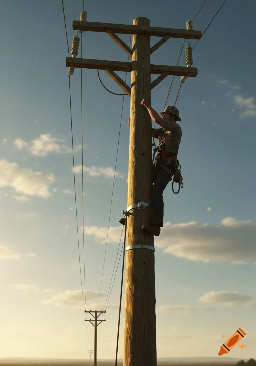 A lineman in a hard hat and harness climbs a wooden utility pole against a partly cloudy sky.