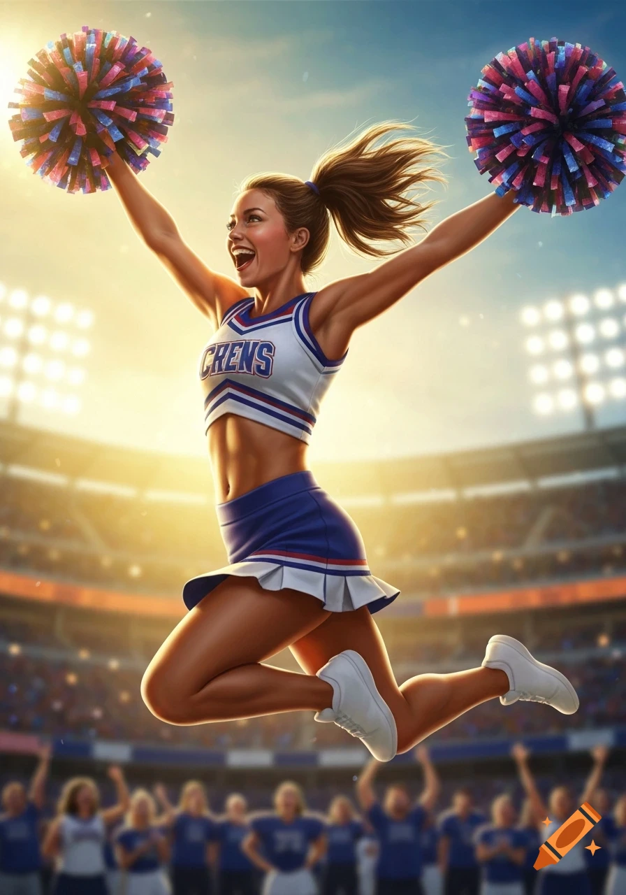 A smiling cheerleader in a blue and white uniform jumps with pom-poms in a stadium, bright lights illuminating the background.