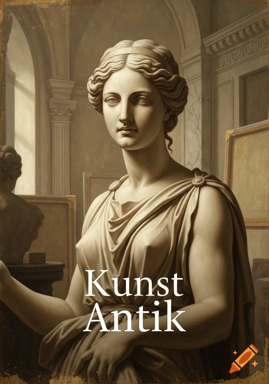 A classical sculpture of a woman wearing a draped toga, with 'Kunst Antik' text on her chest, rendered in an antique painting style.