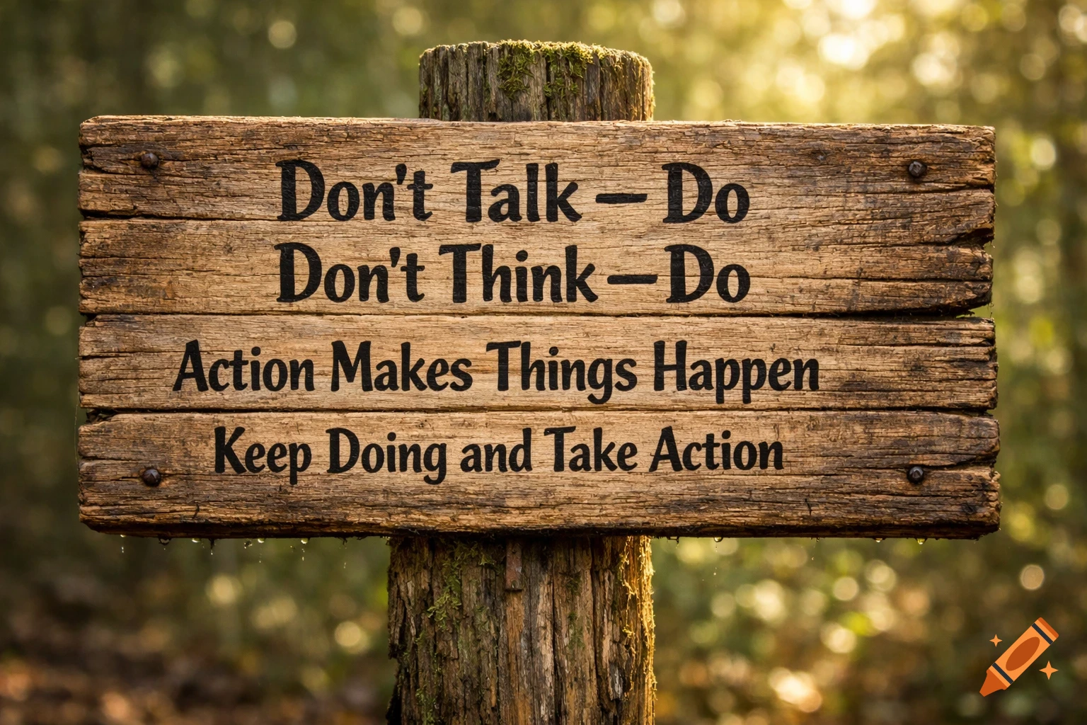 A rustic wooden sign on a mossy post in a sunlit forest, displaying motivational text about taking action.