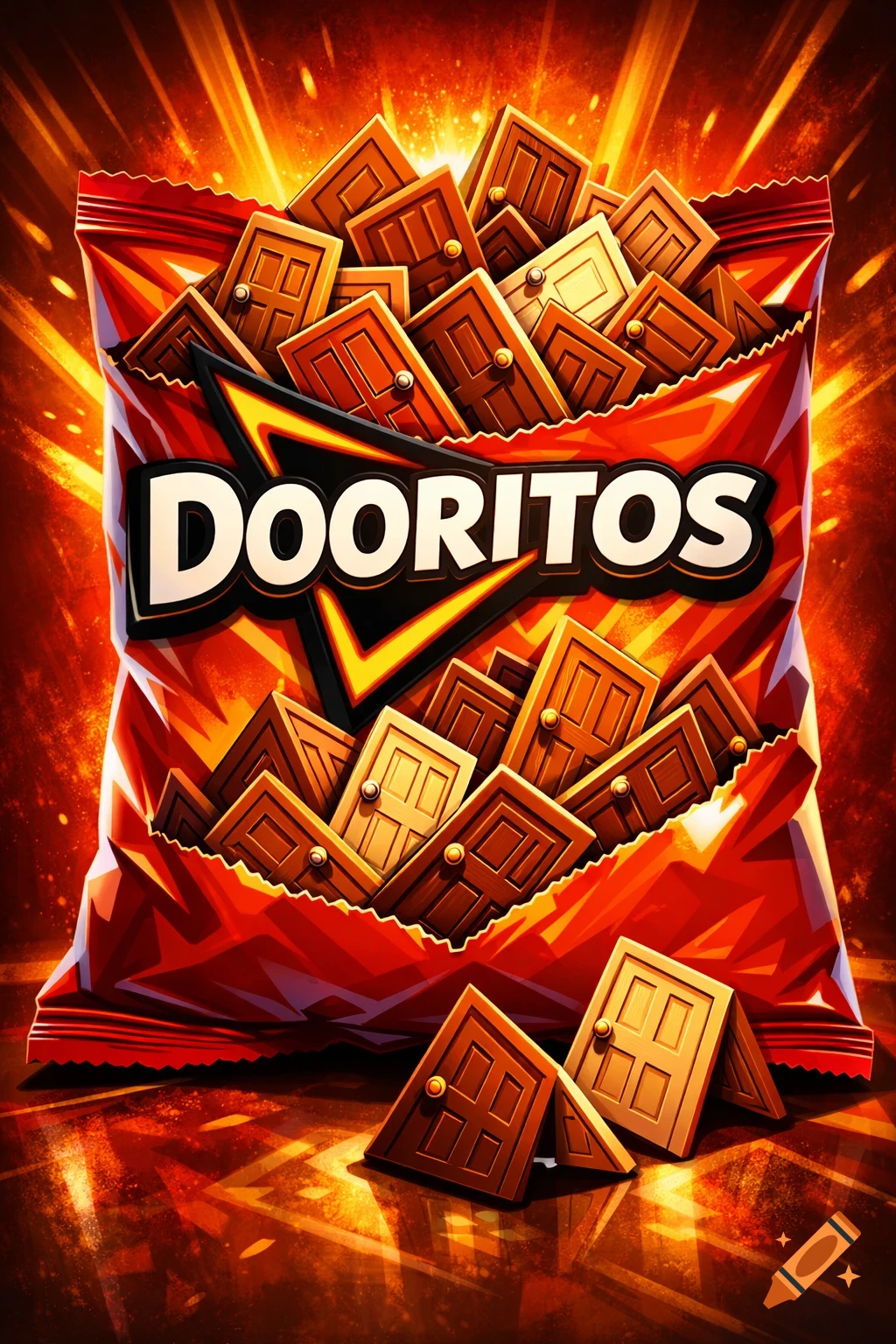 Bright red and orange 'DOORITOS' chip bag, filled with small triangular wooden doors, against a dramatic fiery background in cartoon style.