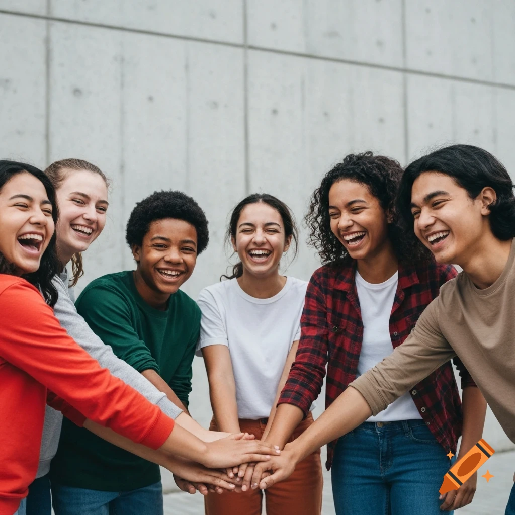 A diverse group of happy teenagers laughing and stacking their hands in the center, in front of a concrete wall.