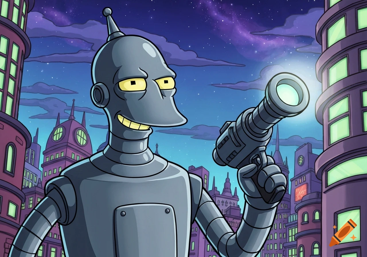 Bender, the gray robot from Futurama, smirking and holding a ray gun in a futuristic city at night, cartoon style.