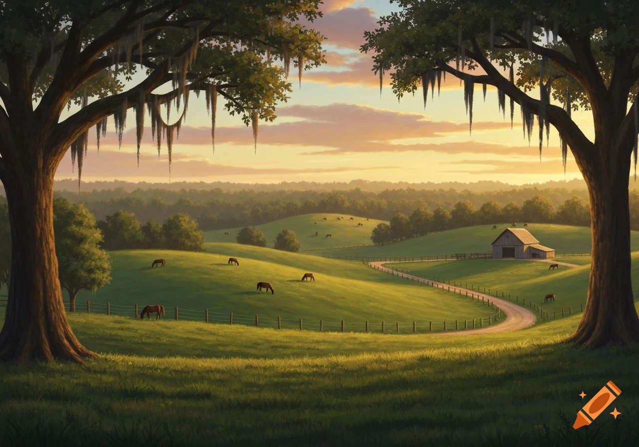 Lush green rolling hills with horses grazing, framed by two large trees with Spanish moss, under a warm sunset sky. A barn is visible in the distance.