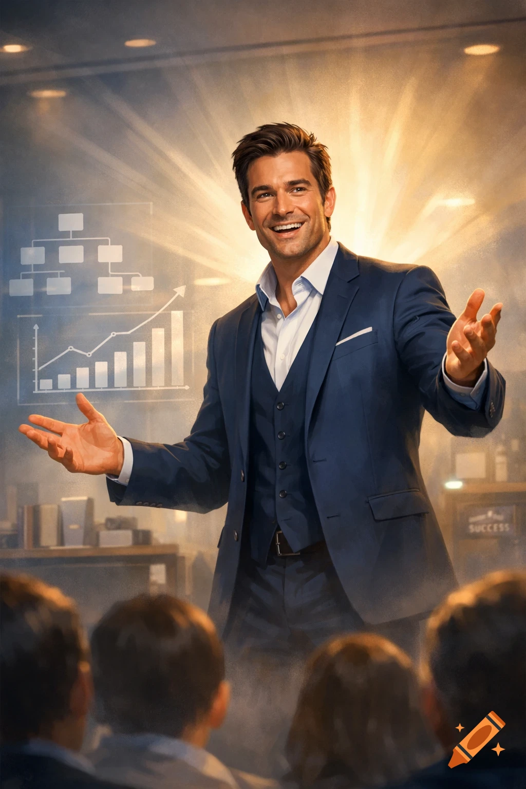 A smiling man in a blue suit gestures broadly while giving a business presentation to an audience, with charts and a 'SUCCESS' sign in the background.