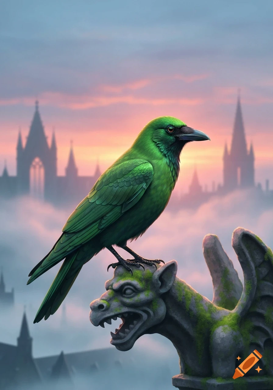 A vibrant green crow perches on a mossy stone gargoyle, overlooking a misty fantasy cityscape at sunset.
