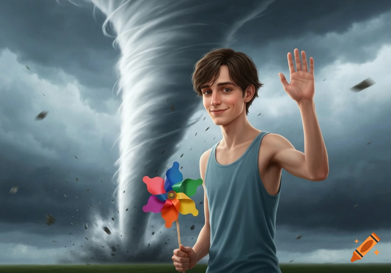 A young man with a colorful pinwheel smiles and waves calmly as a massive tornado looms behind him under a dark, stormy sky.