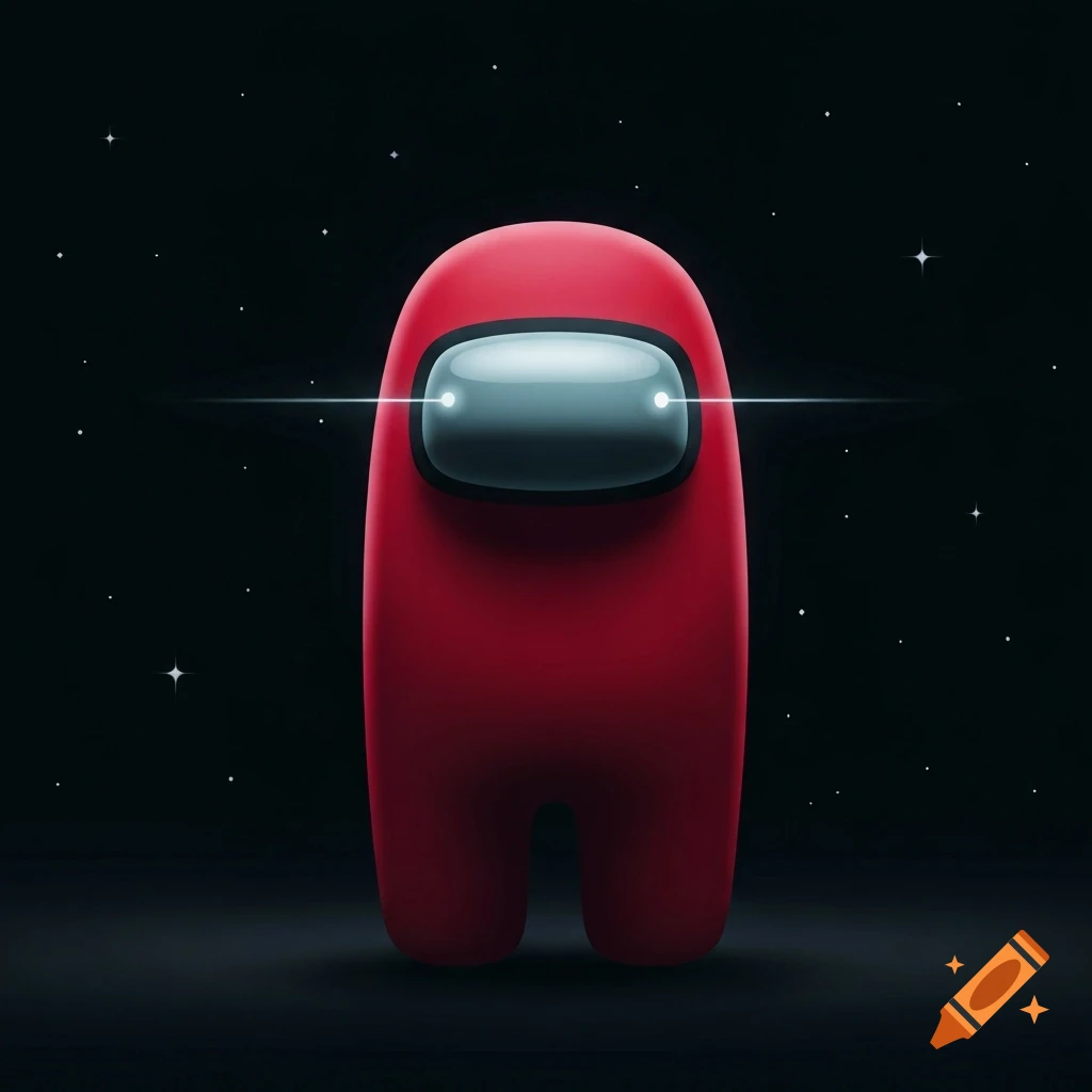 A red Among Us crewmate with glowing visor eyes stands against a dark, starry background.