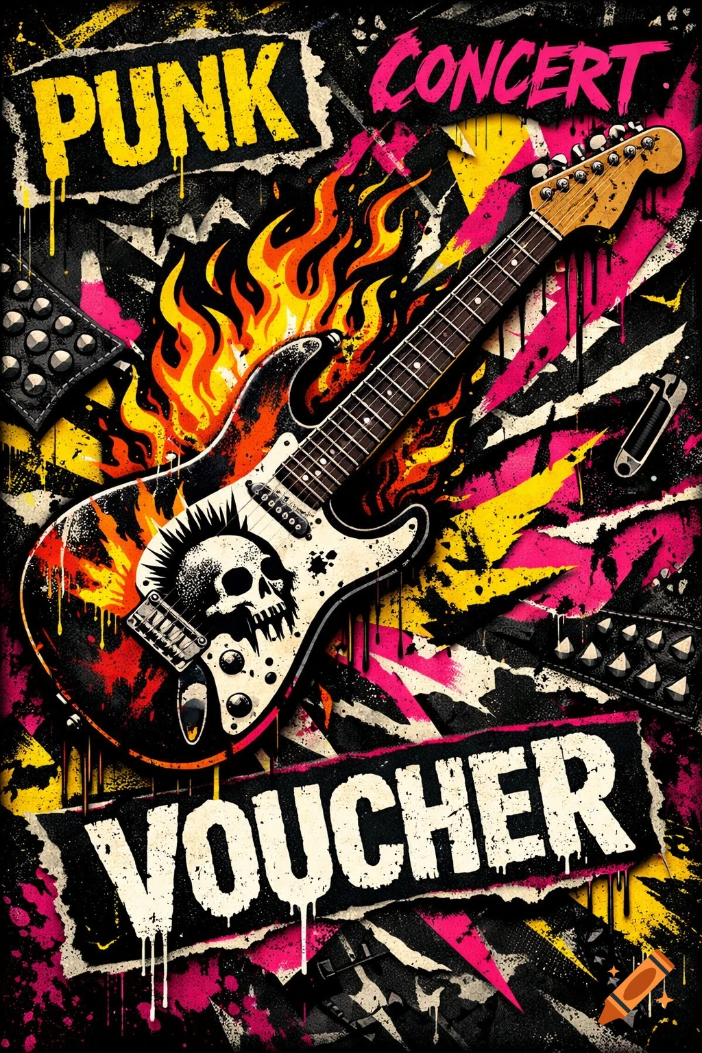 A stylized electric guitar with a skull, flames, and 'PUNK CONCERT VOUCHER' text in a vibrant grunge art style.