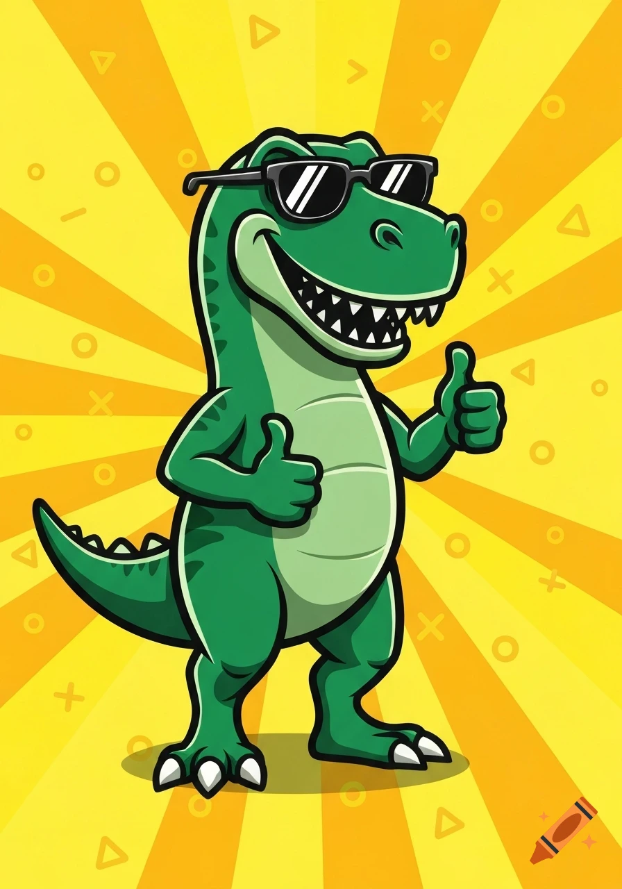 A cool green cartoon T-Rex wearing sunglasses gives two thumbs up, set against a yellow burst background.