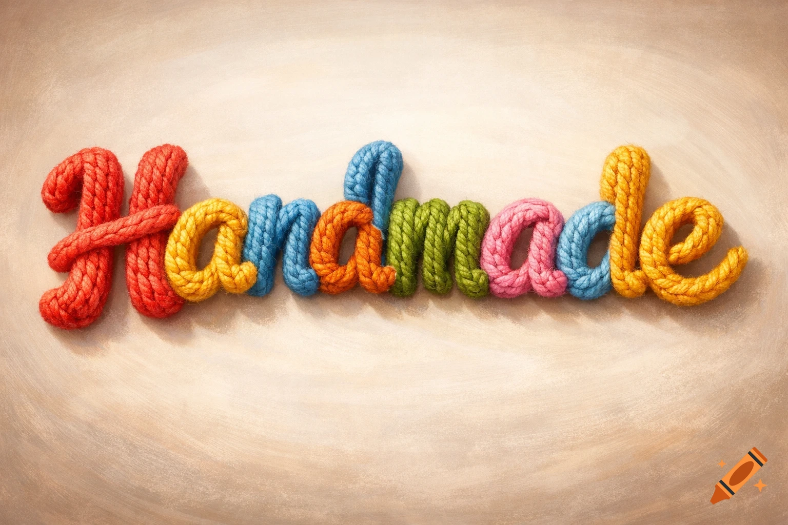 The word "Handmade" spelled out in colorful, woven yarn letters against a light, textured background.