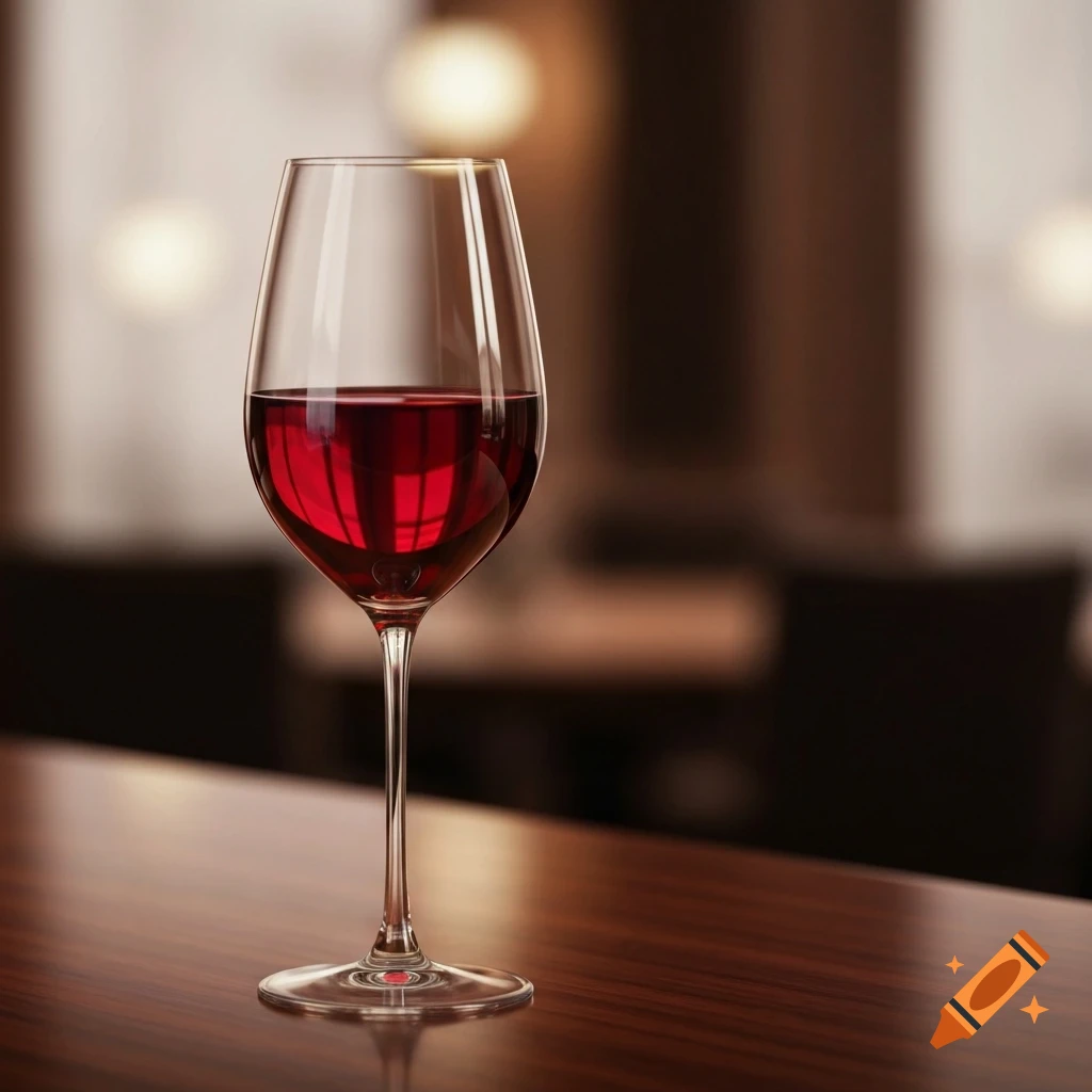 A photorealistic close-up of a full glass of red wine on a polished wooden table, with a blurred background.