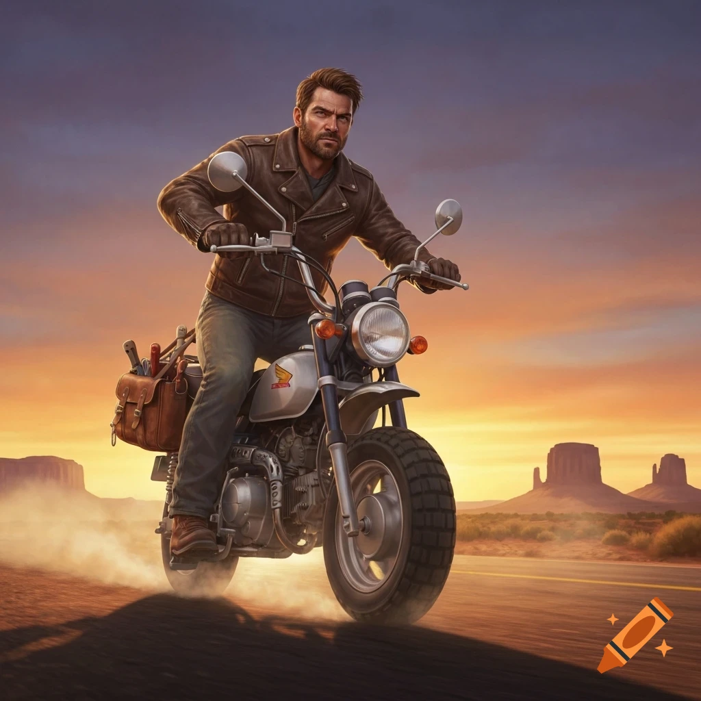 A rugged man on a Honda monkey bike rides through a desert landscape at sunset, carrying a tool bag.