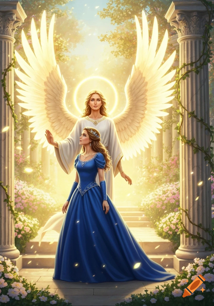 An ethereal angel with large glowing wings stands behind a princess in a blue gown, in a radiant garden with columns and flowers.