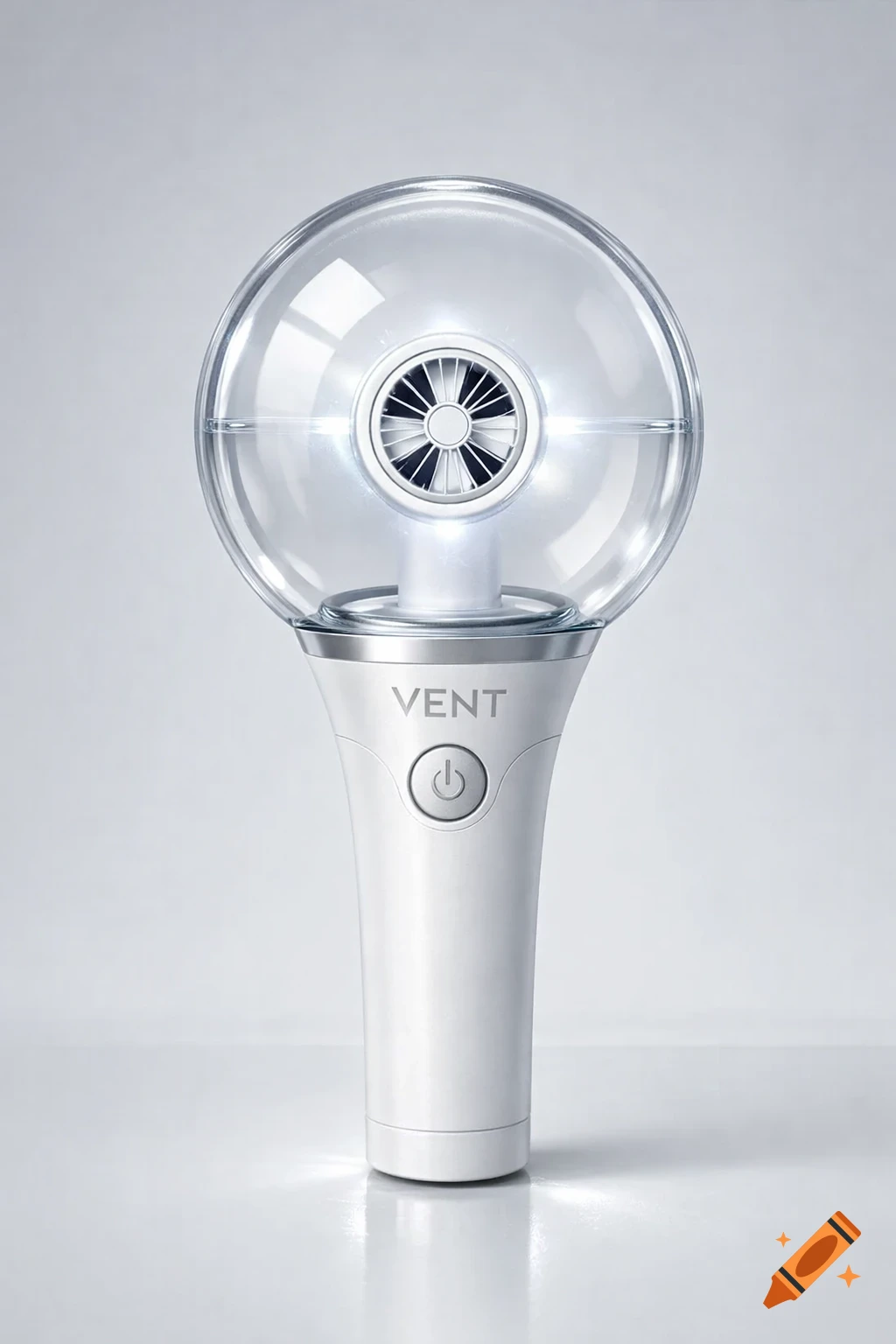 A white lightstick with a clear sphere, internal vent, power button, and 'VENT' engraved on its handle, against a white background.