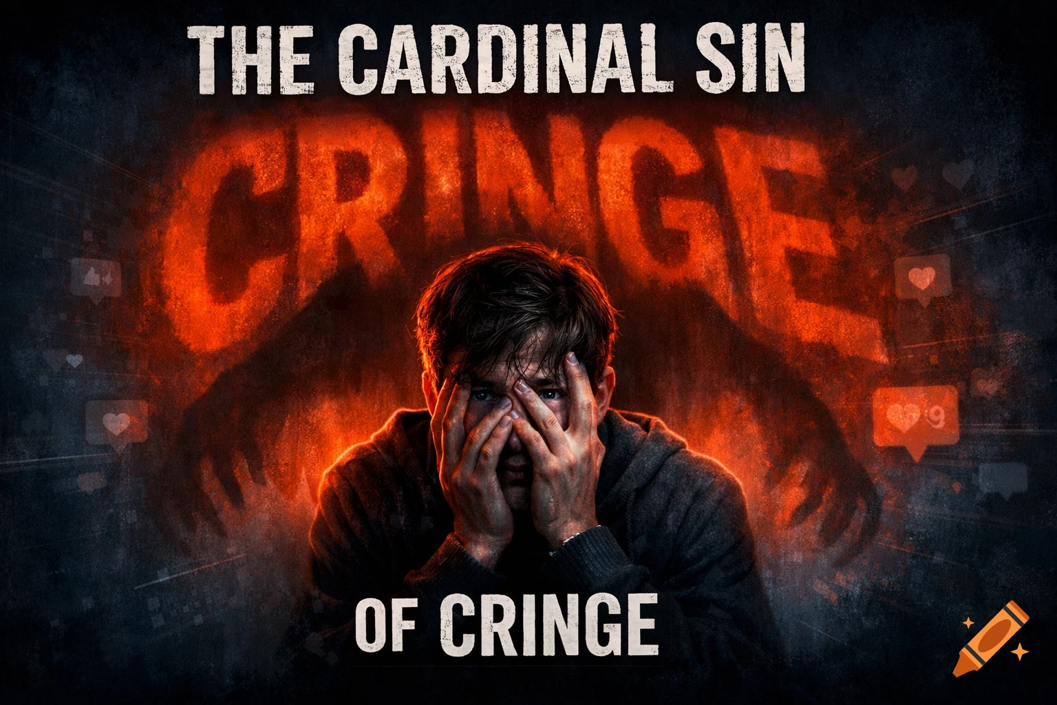 A young man covers his face in anxiety with the word 'CRINGE' looming behind him, surrounded by social media icons.