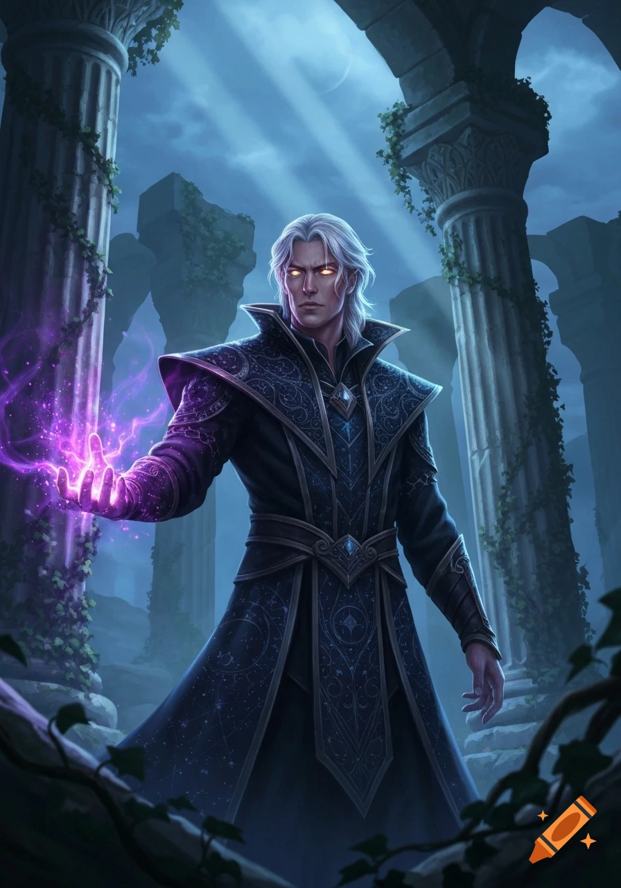 A white-haired male wizard with glowing eyes in a dark, ancient ruin casts a purple spell from his hand. Digital art.