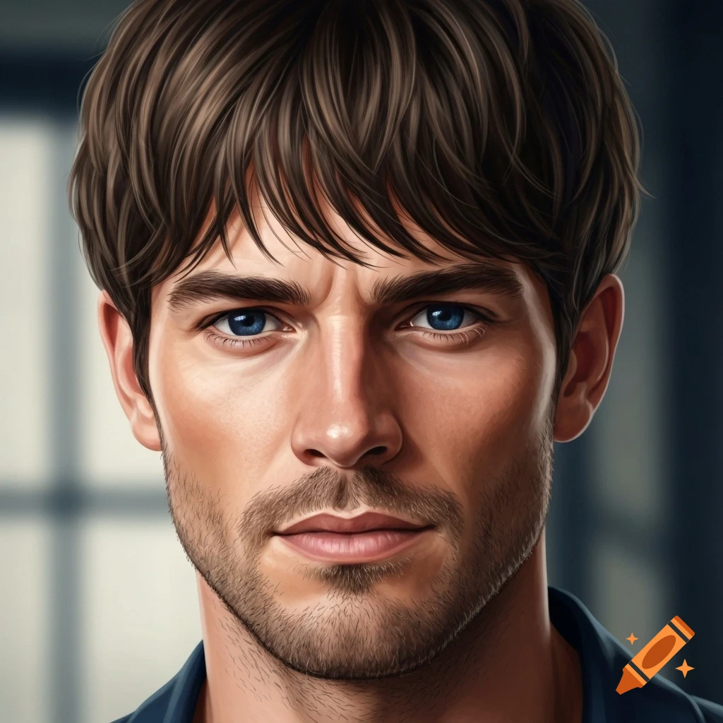 Close-up portrait of a man with shaggy dark brown hair, striking blue eyes, and light stubble, in a digital art style.