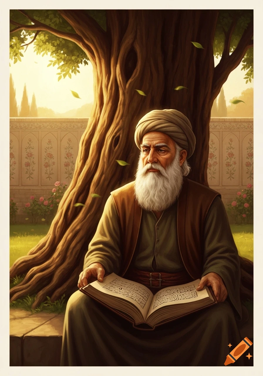 An old, bearded man in traditional robes and a turban reads an open book under a large, leafy tree in a garden, rendered in a painterly style.