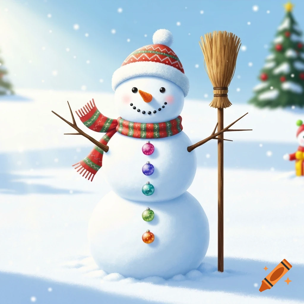 A cheerful snowman with a patterned hat, striped scarf, and colorful ornaments, stands in a snowy winter scene holding a broom.
