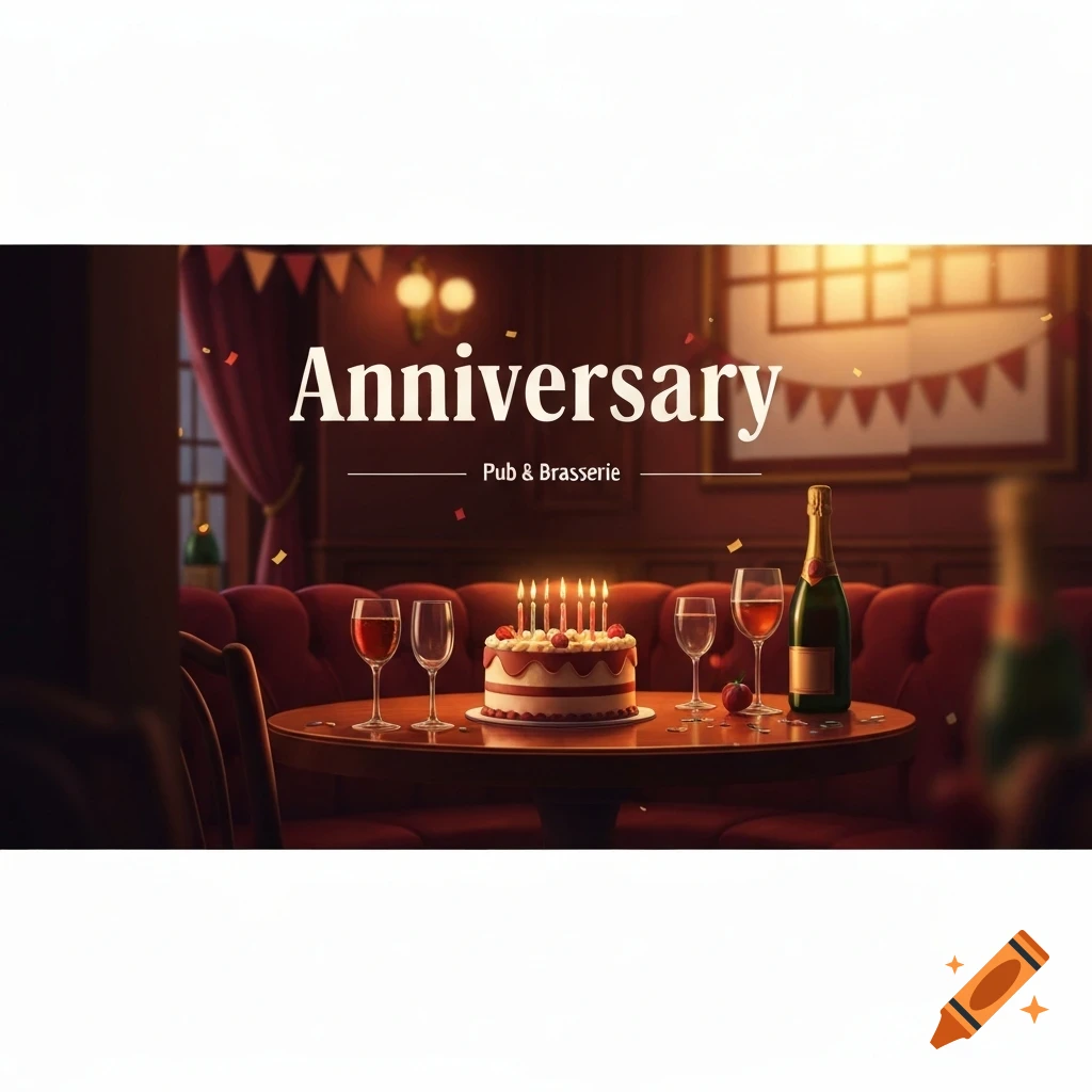 Warm pub scene with an anniversary cake, champagne, wine glasses, and text 'Anniversary Pub & Brasserie' on a wooden table.