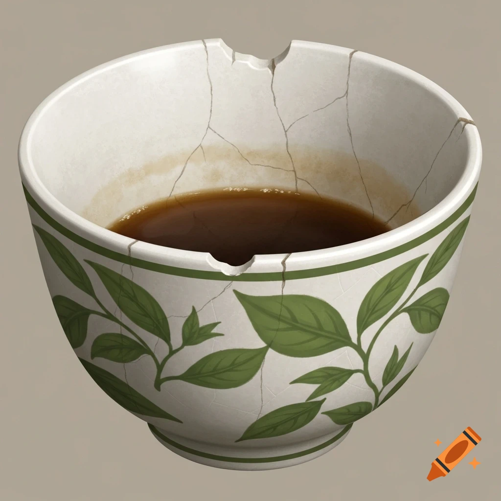 An old, cracked white teacup with green leaf patterns, a chipped rim, and tea residue inside, on a plain background.