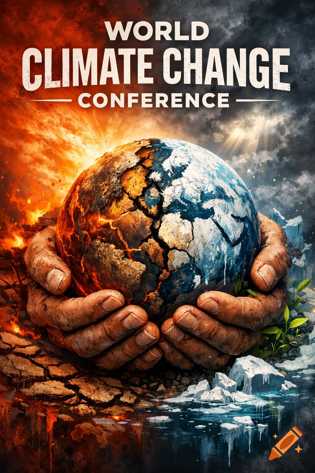 A dramatic poster with two large, rough hands holding a cracked earth, one side burning with fire, the other frozen with ice. Text reads "WORLD CLIMATE CHANGE CONFERENCE" above.