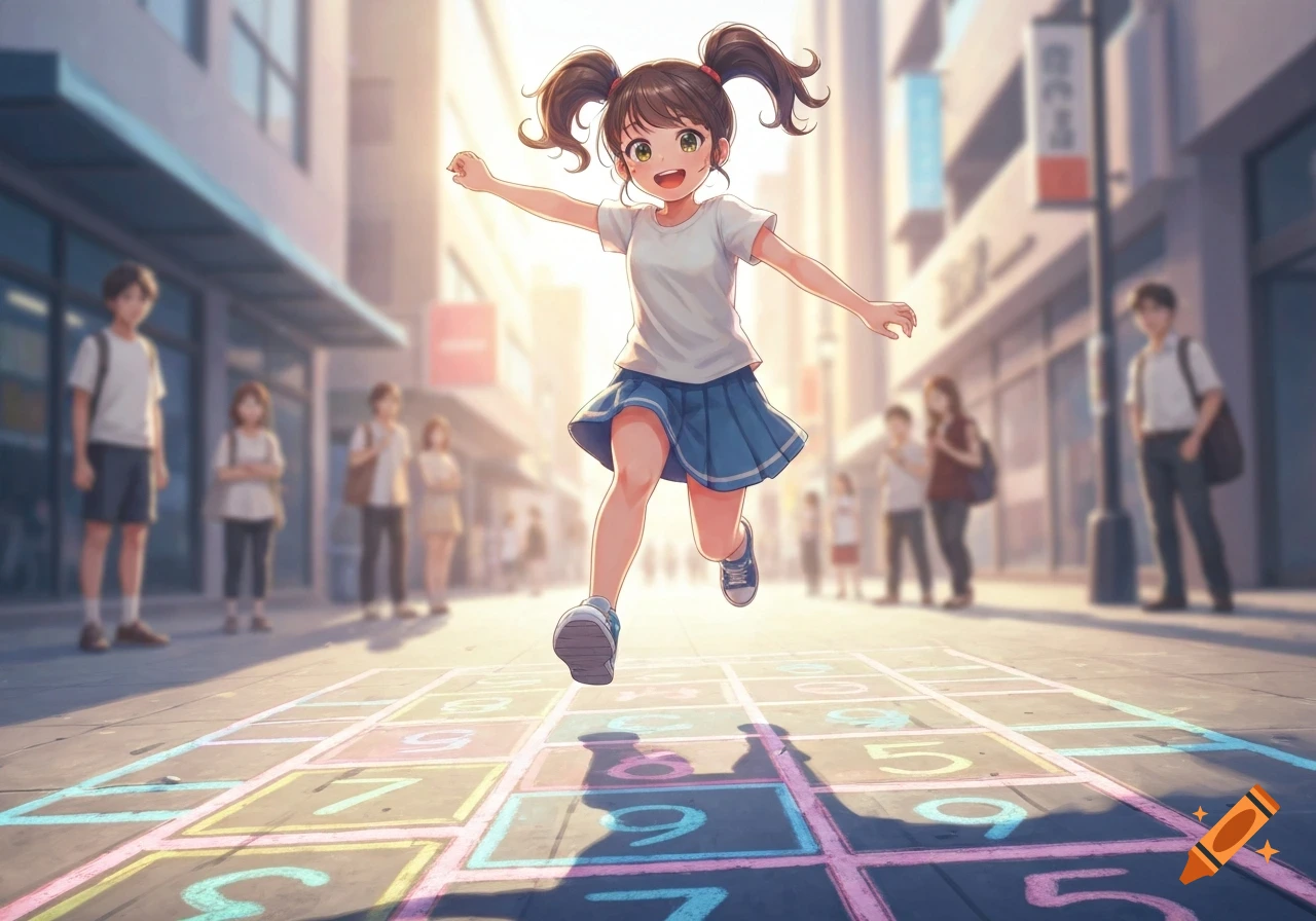 An anime girl with pigtails in a white shirt and blue skirt plays hopscotch on a sunny city street.