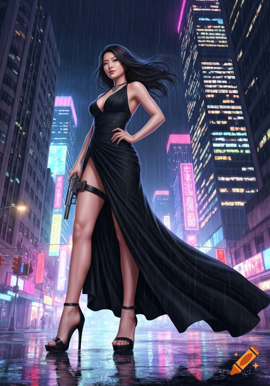 An Asian woman in a flowing black dress and heels with a handgun strapped to her thigh, standing confidently in a neon-lit city on a rainy night, digital art.