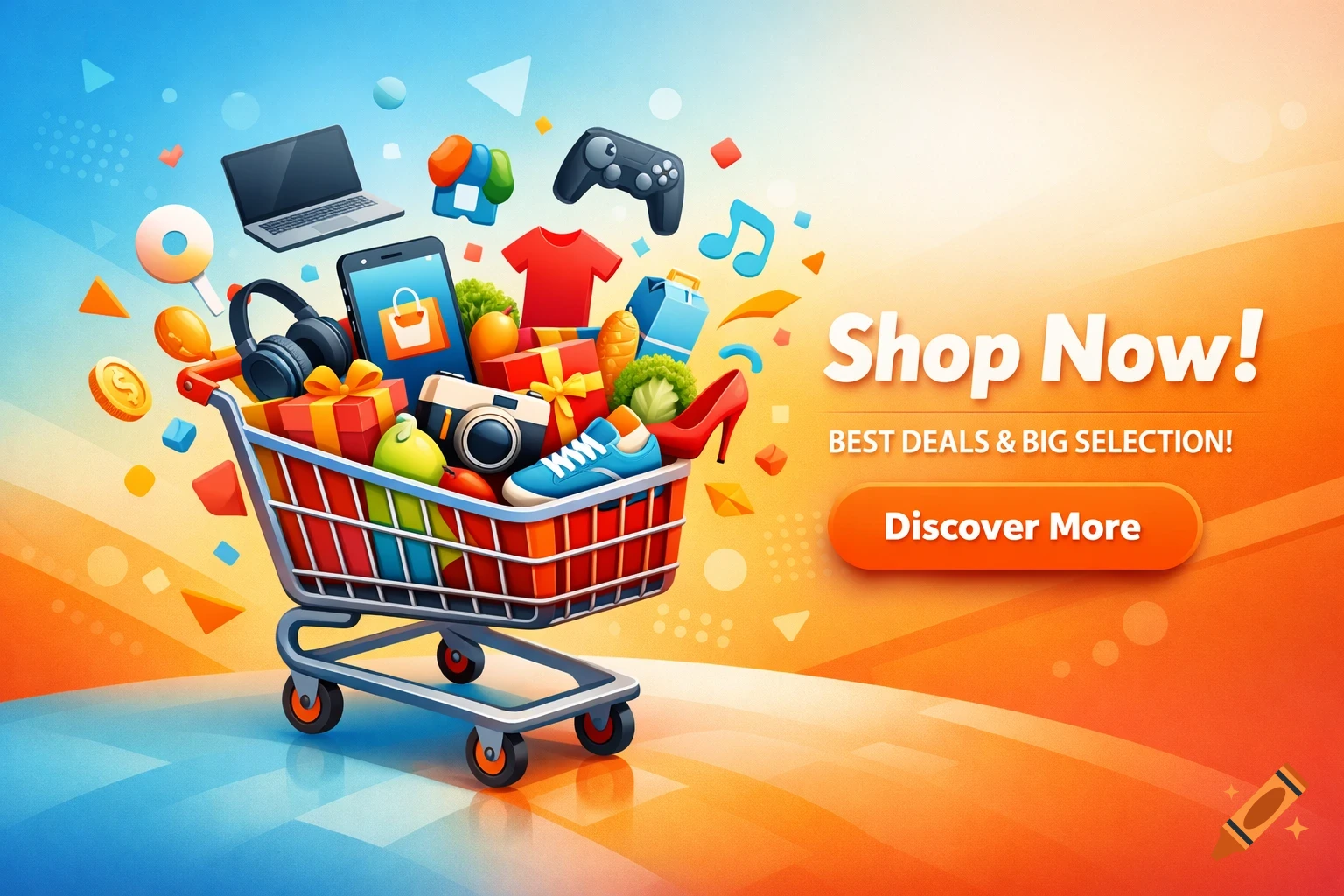Vibrant 3D illustration of a shopping cart bursting with diverse products like electronics, gifts, and food, with 'Shop Now!' text on a blue and orange background.