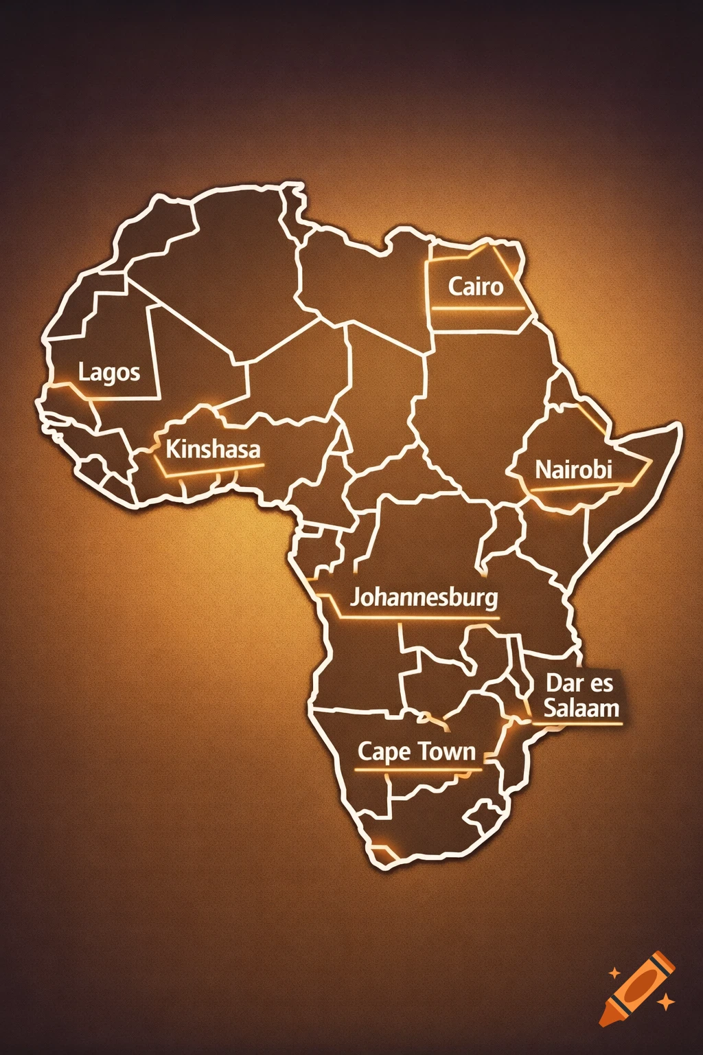 A stylized map of Africa highlighting cities like Lagos, Kinshasa, Cairo, Nairobi, Johannesburg, Cape Town, and Dar es Salaam.